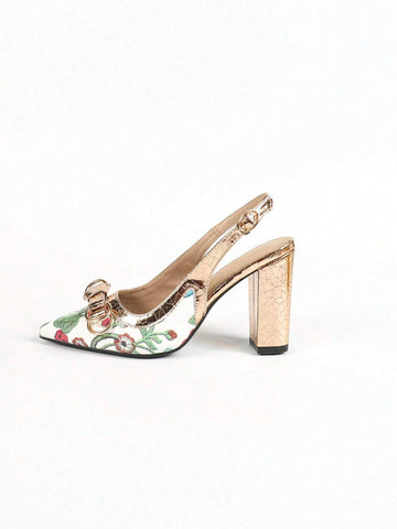 Women's Chinese Style Flower Print Pointed Toe Shallow Mouth High Heels With Buckle Belt Design