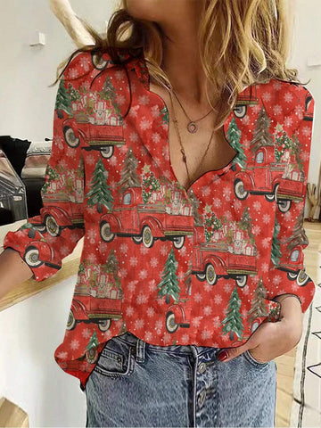 Women's Christmas Elements Printed Long Sleeve Shirt