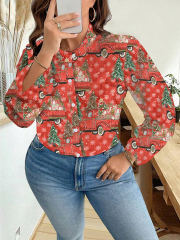 Women's Christmas Elements Printed Long Sleeve Shirt