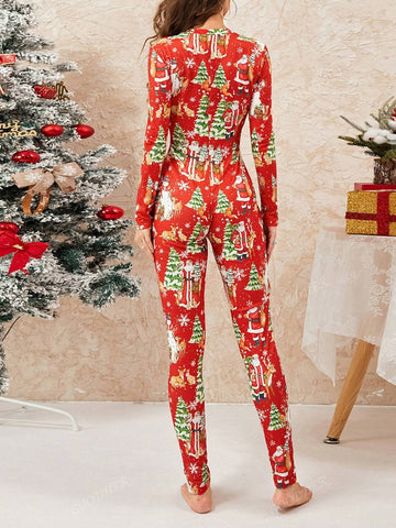 Women's Christmas Pattern Jumpsuit With Long Sleeve And Buttons