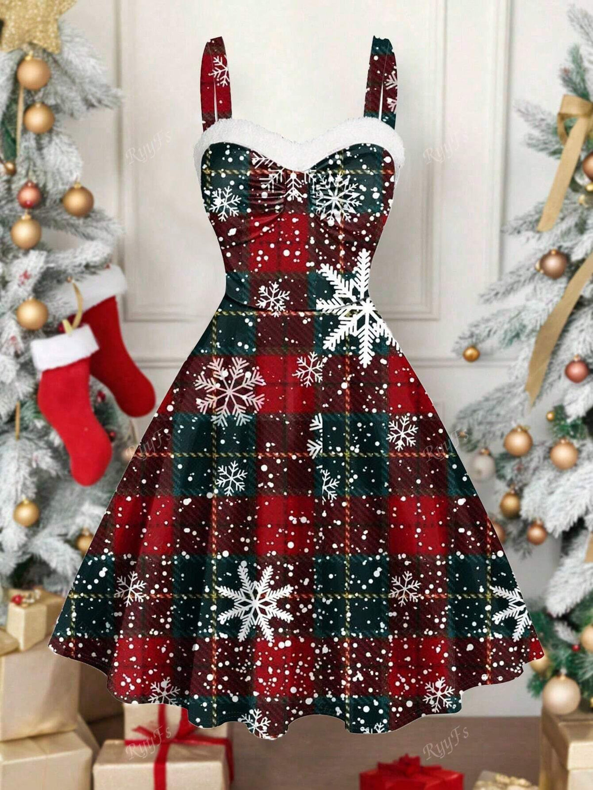 Women's Christmas Snowflake Plaid Patchwork Print Dress