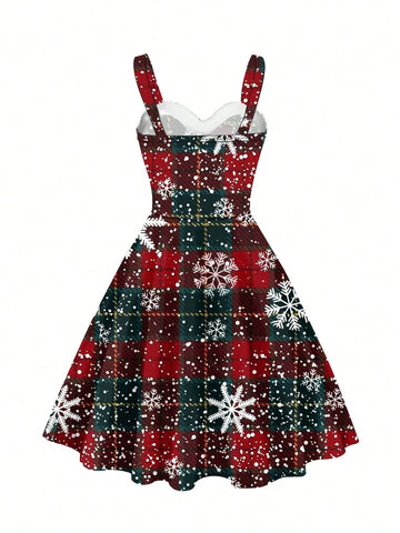 Women's Christmas Snowflake Plaid Patchwork Print Dress