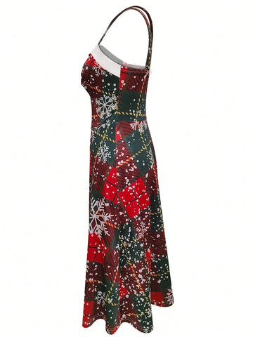 Women's Christmas Snowflake Plaid Patchwork Print Dress
