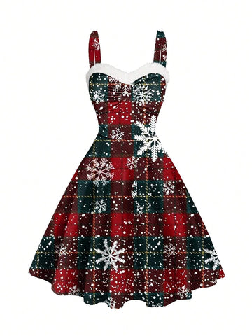 Women's Christmas Snowflake Plaid Patchwork Print Dress