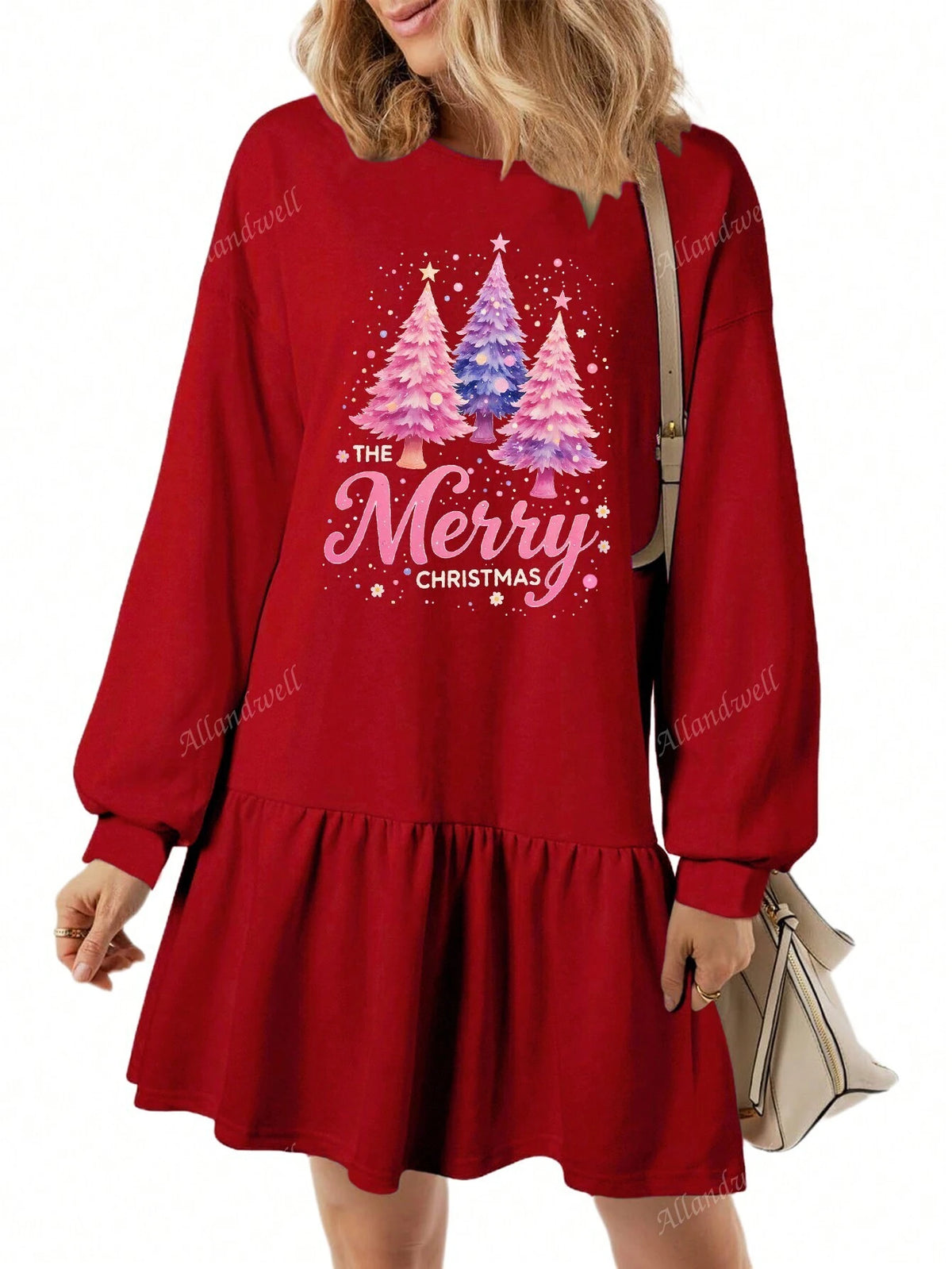Women's Christmas Tree Print Round Neck, Dropped Shoulder, Long Sleeve, Casual Loose Hoodie Dress