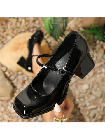 Women's Chunky Heel High Heels, Fashionable Square Toe, Shiny Material,