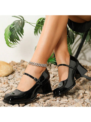Women's Chunky Heel High Heels, Fashionable Square Toe, Shiny Material,