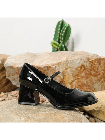 Women's Chunky Heel High Heels, Fashionable Square Toe, Shiny Material,