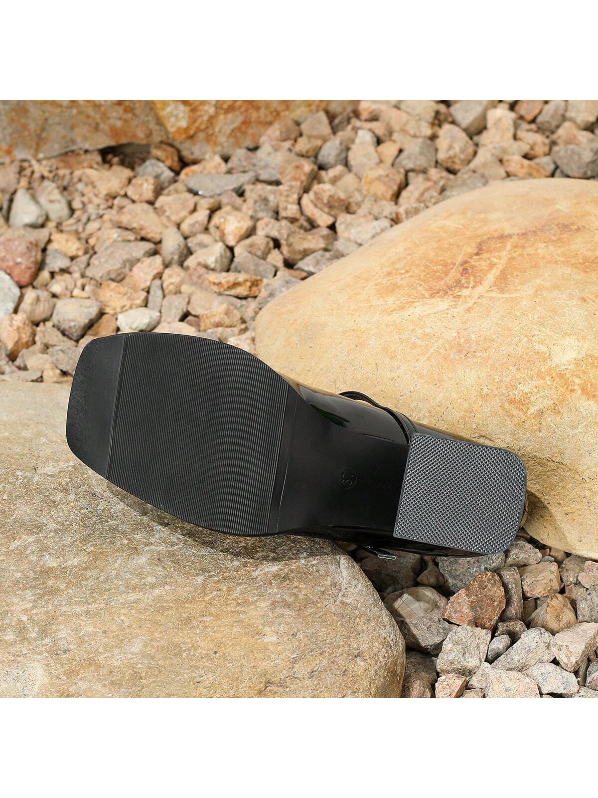 Women's Chunky Heel High Heels, Fashionable Square Toe, Shiny Material,