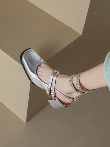 Women's Chunky Heel Peep Toe Sandals With Ankle Strap, Silver Roman Style Fish Mouth & Mary Jane Design For Summer