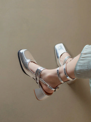 Women's Chunky Heel Peep Toe Sandals With Ankle Strap, Silver Roman Style Fish Mouth & Mary Jane Design For Summer