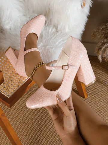 Women's Chunky Heel Round Toe Buckle Strap Pumps, Fashionable Stone Texture Pink Shoes,