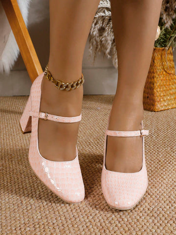 Women's Chunky Heel Round Toe Buckle Strap Pumps, Fashionable Stone Texture Pink Shoes,