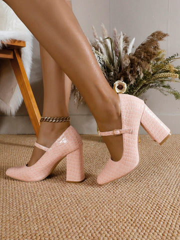 Women's Chunky Heel Round Toe Buckle Strap Pumps, Fashionable Stone Texture Pink Shoes,