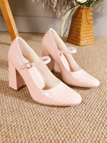 Women's Chunky Heel Round Toe Buckle Strap Pumps, Fashionable Stone Texture Pink Shoes,