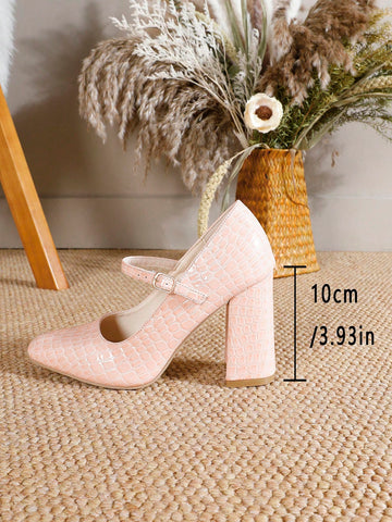 Women's Chunky Heel Round Toe Buckle Strap Pumps, Fashionable Stone Texture Pink Shoes,