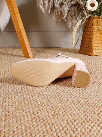 Women's Chunky Heel Round Toe Buckle Strap Pumps, Fashionable Stone Texture Pink Shoes,