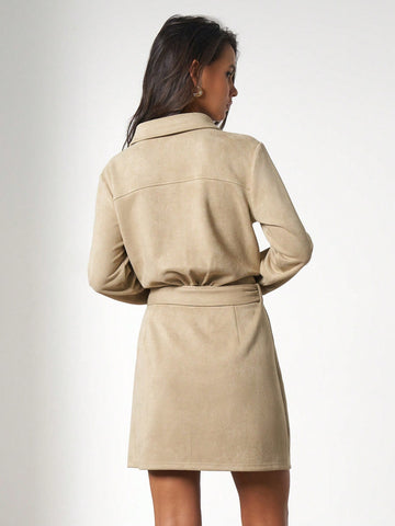 Women's Cinched Waist Collared Single-Breasted Dress, Velvet Texture, Casual Commuting Style