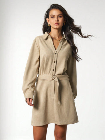 Women's Cinched Waist Collared Single-Breasted Dress, Velvet Texture, Casual Commuting Style