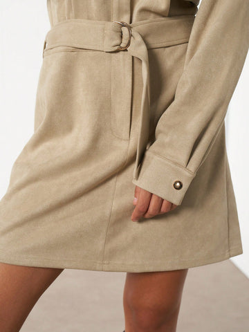 Women's Cinched Waist Collared Single-Breasted Dress, Velvet Texture, Casual Commuting Style