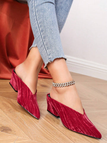 Women's Classic Pointed Toe Deep V Chunky Heel Mule Slip-On Shoes, Versatile For Commute