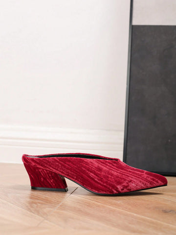 Women's Classic Pointed Toe Deep V Chunky Heel Mule Slip-On Shoes, Versatile For Commute