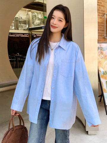 Women's Collared Button Up Solid Color Shirt, Simple For Commuting And Everyday