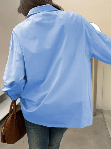 Women's Collared Button Up Solid Color Shirt, Simple For Commuting And Everyday