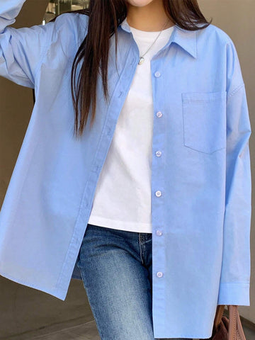 Women's Collared Button Up Solid Color Shirt, Simple For Commuting And Everyday