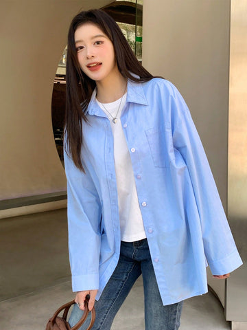 Women's Collared Button Up Solid Color Shirt, Simple For Commuting And Everyday