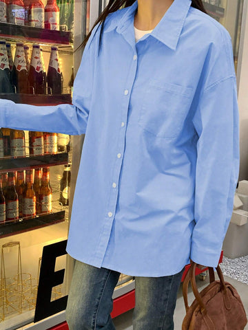 Women's Collared Button Up Solid Color Shirt, Simple For Commuting And Everyday