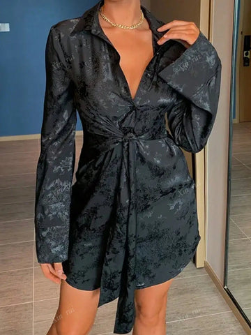 Women's Collared, Waist-Tie Long Sleeve Dress