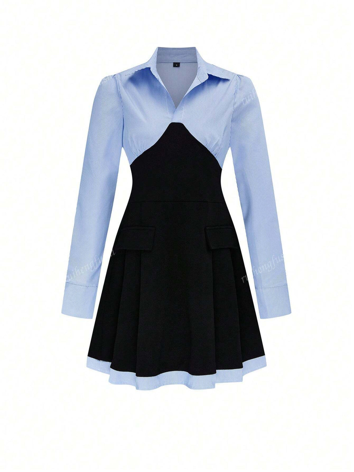 Women's College Style Patchwork Shirt Collar Long Sleeve Pocket Hemline A-Line Waist Dress, Fashionable And Sexy