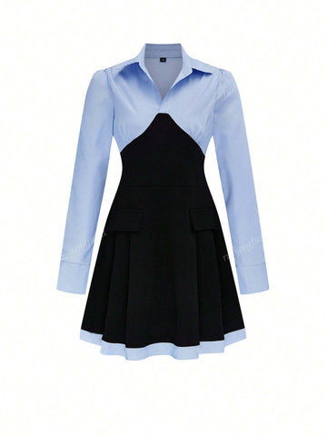 Women's College Style Patchwork Shirt Collar Long Sleeve Pocket Hemline A-Line Waist Dress, Fashionable And Sexy