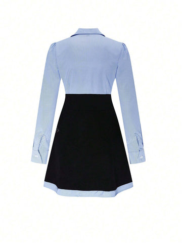 Women's College Style Patchwork Shirt Collar Long Sleeve Pocket Hemline A-Line Waist Dress, Fashionable And Sexy