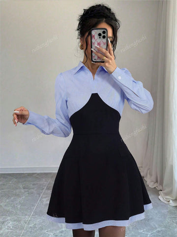Women's College Style Patchwork Shirt Collar Long Sleeve Pocket Hemline A-Line Waist Dress, Fashionable And Sexy