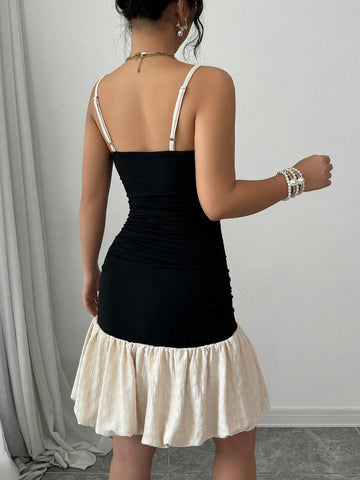 Women's Color Block Cami Simple Daily Texture Hem Ruched Bodycon Mini Dress