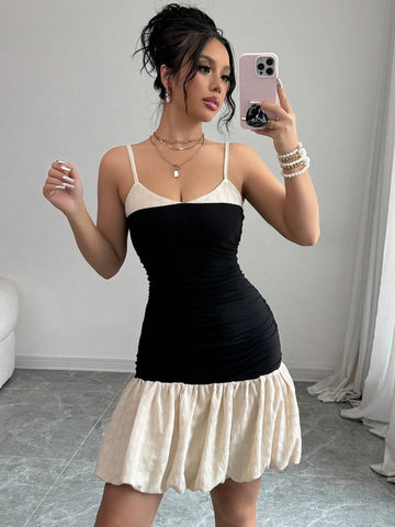 Women's Color Block Cami Simple Daily Texture Hem Ruched Bodycon Mini Dress