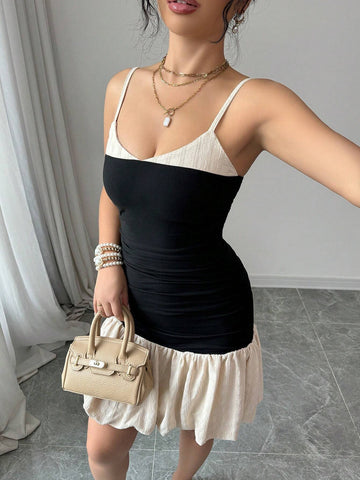 Women's Color Block Cami Simple Daily Texture Hem Ruched Bodycon Mini Dress