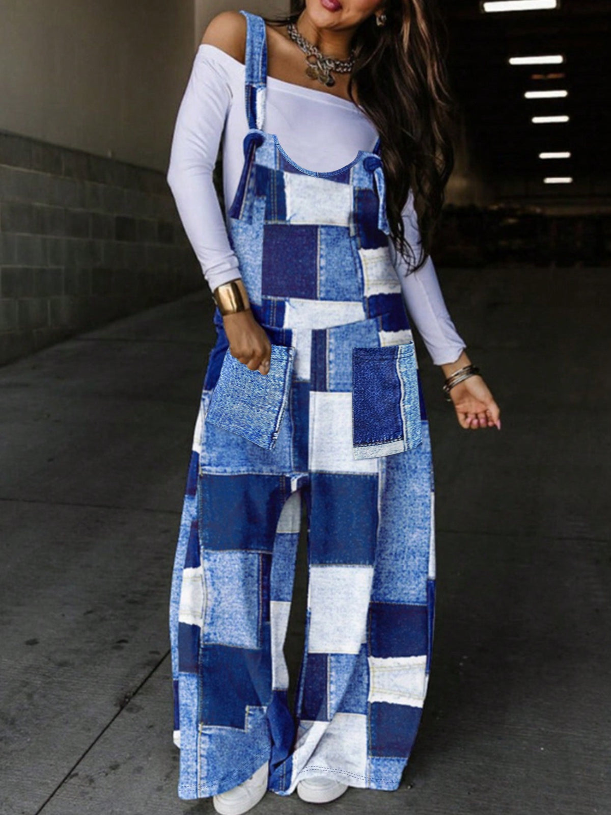 Women's Color Block Denim Printed Overalls