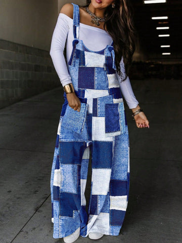 Women's Color Block Denim Printed Overalls