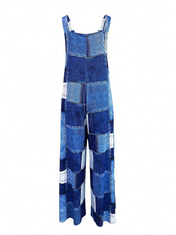 Women's Color Block Denim Printed Overalls