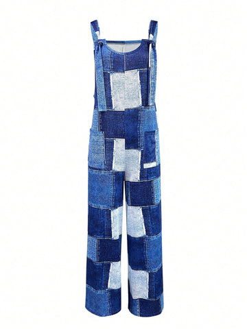Women's Color Block Denim Printed Overalls