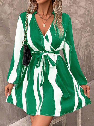 Women's Color Block Notched V Neck Long Sleeve Dress