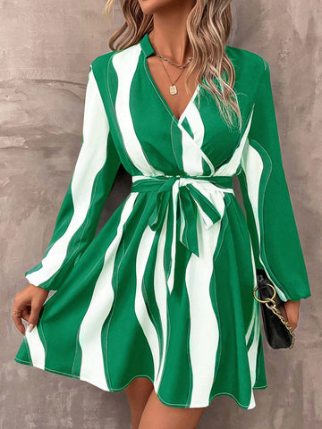 Women's Color Block Notched V Neck Long Sleeve Dress