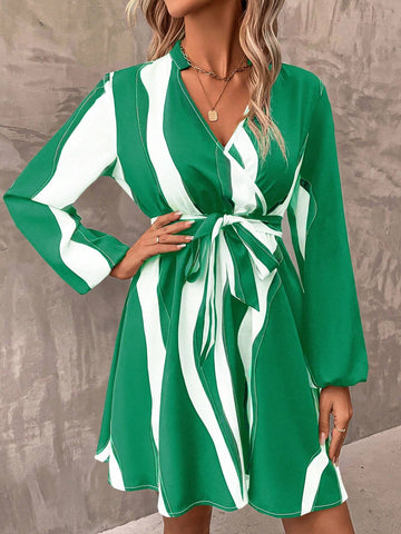 Women's Color Block Notched V Neck Long Sleeve Dress