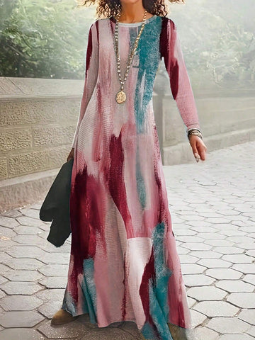 Women's Color Block Round Neck Summer Long Sleeve Elegant Dress