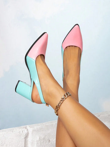 Women's Color Block Sparkly High Heel Pumps, Thick Heel Pointed Toe Multi Color High Heels,