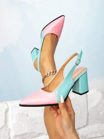 Women's Color Block Sparkly High Heel Pumps, Thick Heel Pointed Toe Multi Color High Heels,