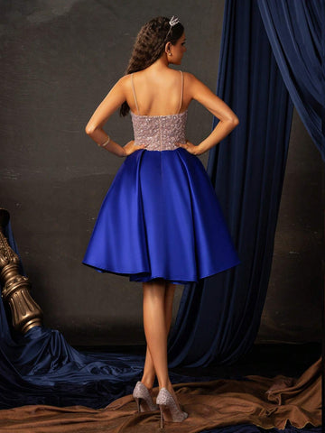 Women's Color Block Sparkly Sleeveless Short Evening Dress With High-End And Elegant